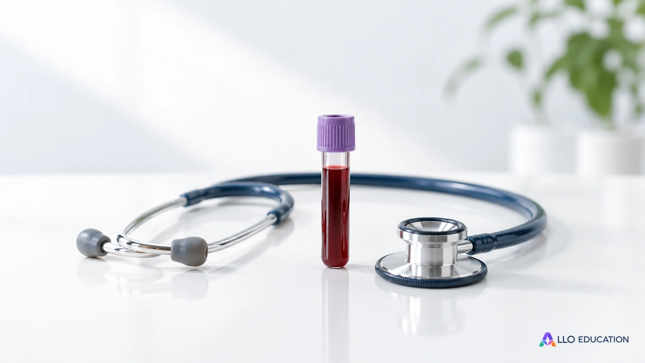 Stéthoscope et tube fermé sur une table claire : deux outils pour explorer une situation de santé.