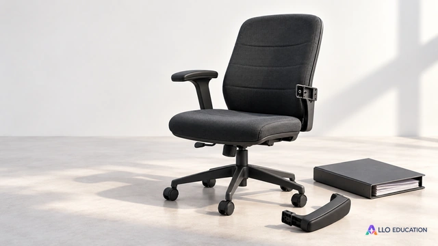 Une chaise de bureau à accoudoir cassé et un dossier fermé évoquent un litige de consommation, sans attribuer la responsabilité.
