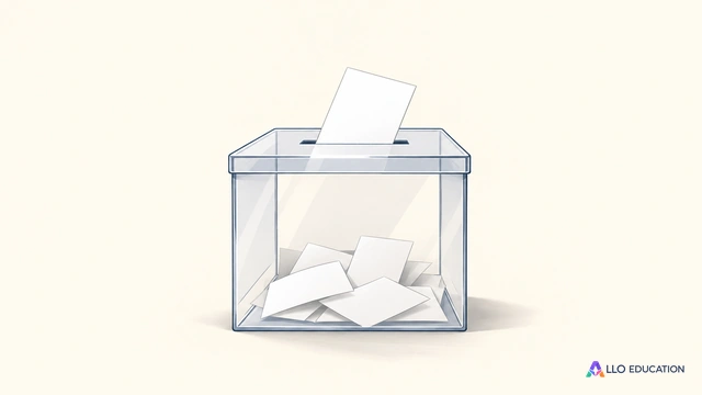 Une urne transparente contenant des bulletins blancs, avec un bulletin engagé dans la fente, sur un fond clair.