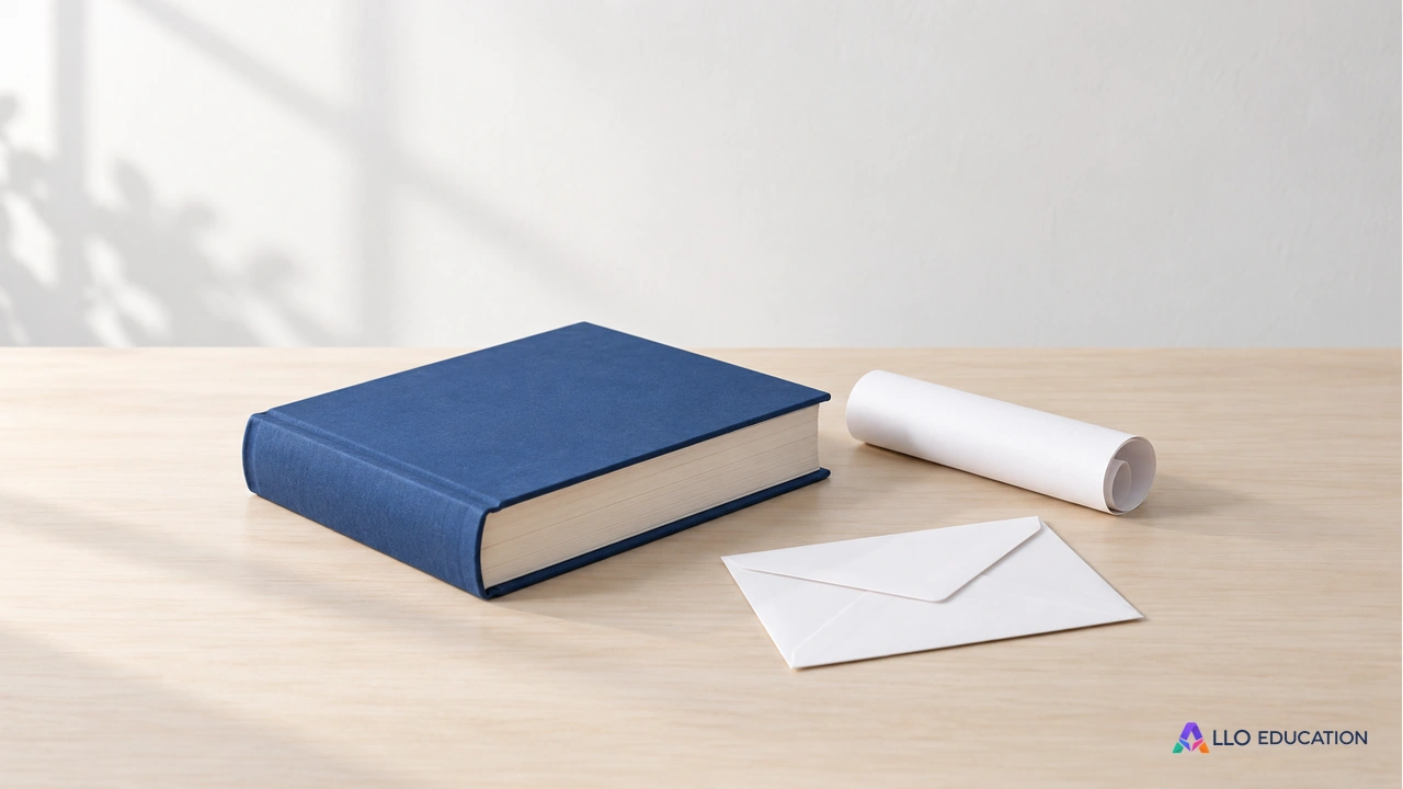 Un livre bleu fermé, un rouleau de papier vierge et une enveloppe blanche, supports d’une exposition sur le lien politique.