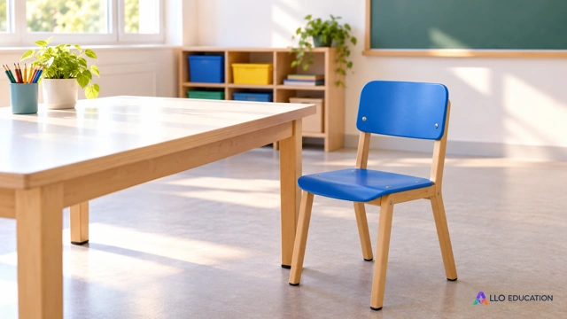 Une chaise scolaire bleue libre près d’une table claire.