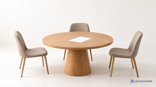 Une table ronde de discussion avec trois chaises vides et une feuille blanche, vue isolée sur fond clair.