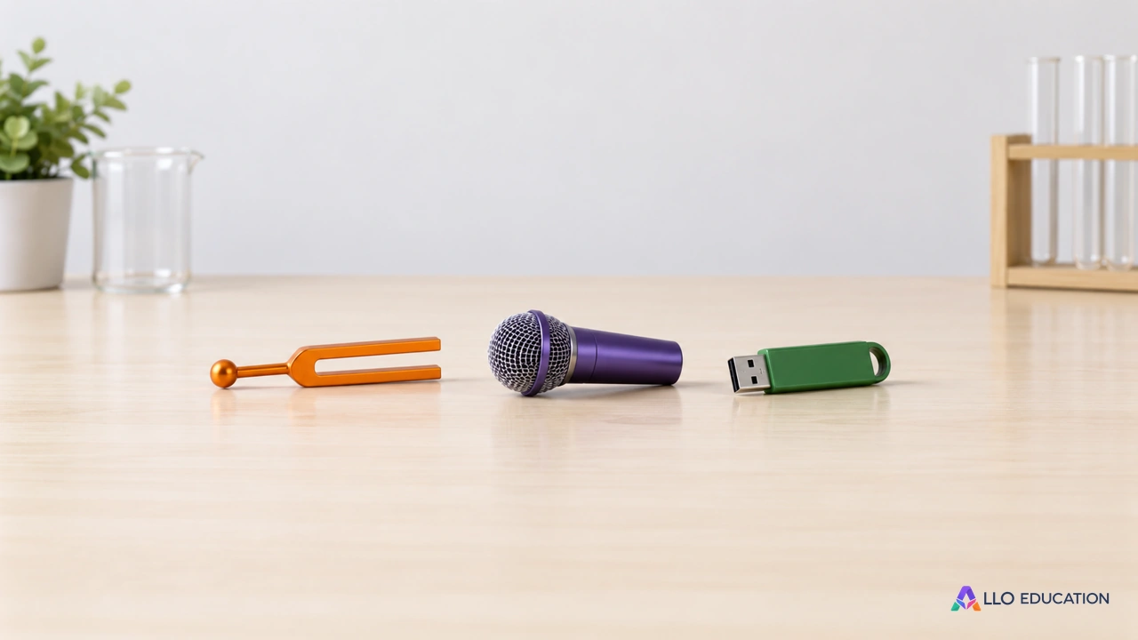 Petit diapason orange, microphone violet et mémoire verte sans inscription évoquent le passage d’un son à ses représentations numériques.
