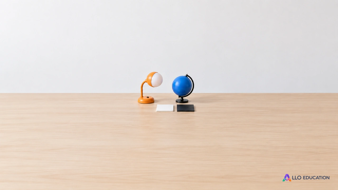 Petite lampe orange, sphère bleue et deux plaques mates claire et sombre évoquent les questions d’un bilan radiatif.