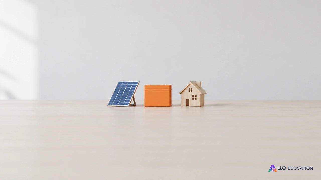 Un petit panneau solaire, un boîtier et une maison en bois évoquent production, stockage et usage.