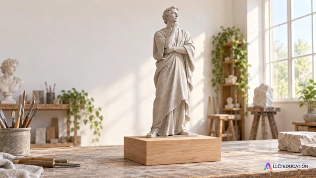 Une sculpture miniature neutre repose sur un socle de bois clair.
