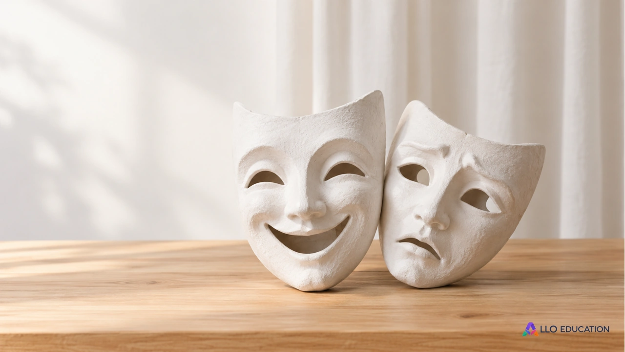 Deux masques de théâtre blancs, l’un souriant et l’autre interrogateur, reposent sur une table.