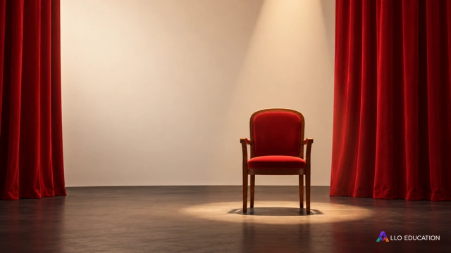 Une chaise de théâtre vide, centrée dans un petit cercle de lumière, devant deux pans de rideau rouge uni.