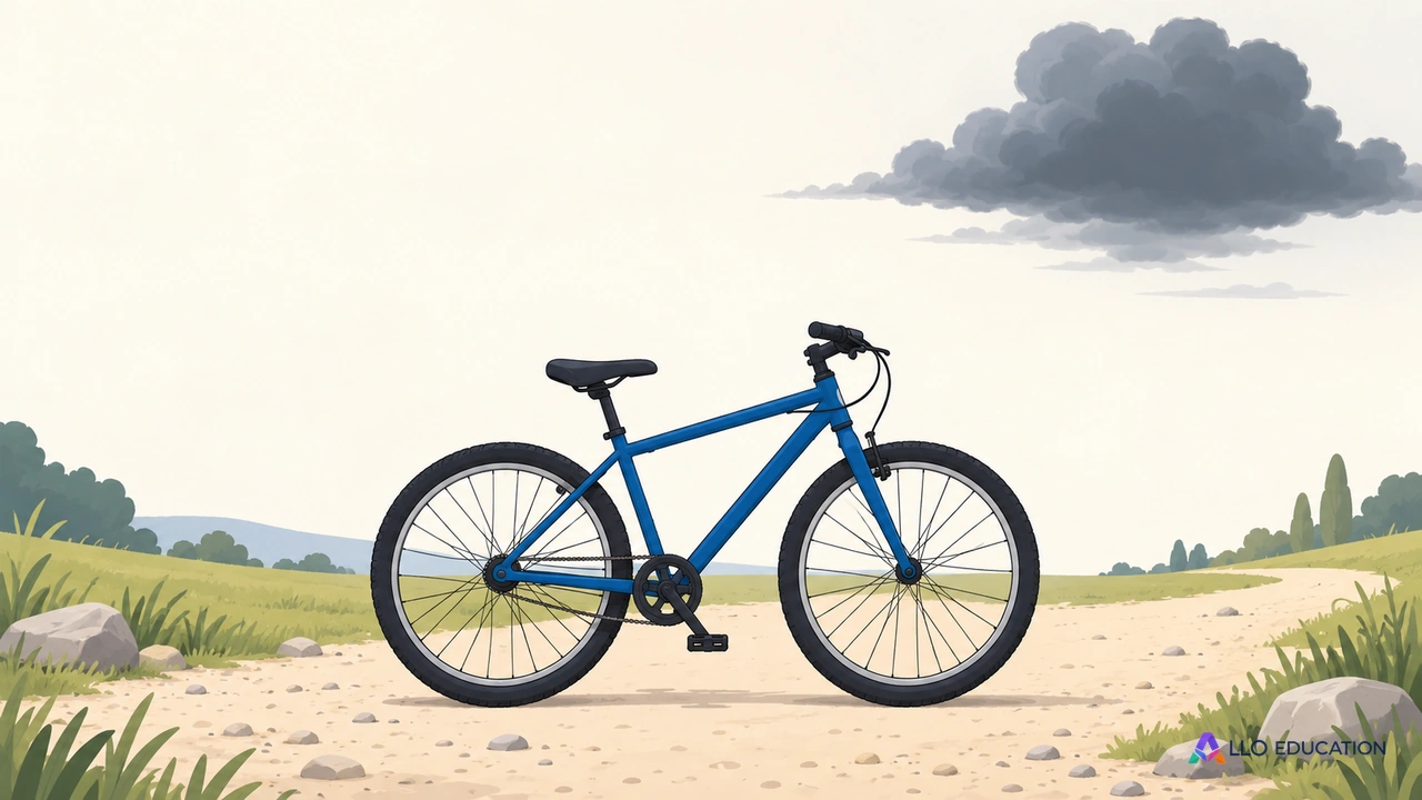 Un vélo bleu entier sur un sentier clair, sous un petit nuage sombre.