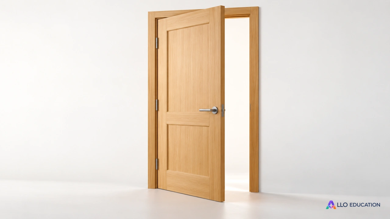 Porte simple en bois clair entrouverte, isolée dans son cadre sur fond clair.