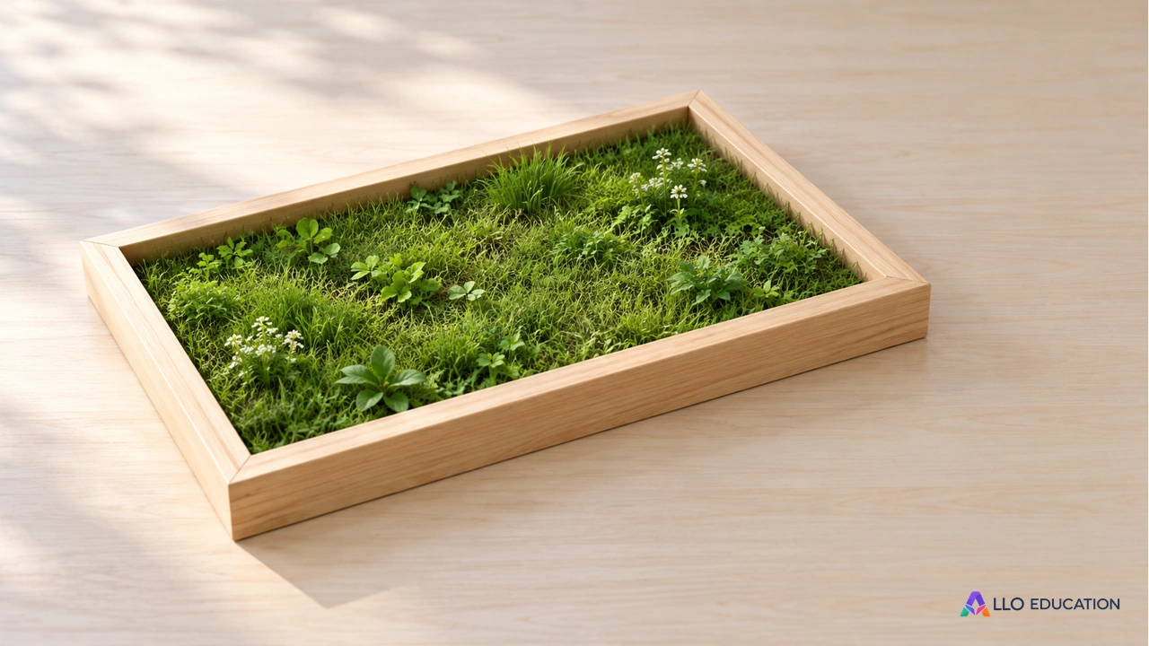 Un jardin miniature rectangulaire entouré d’un cadre en bois clair.