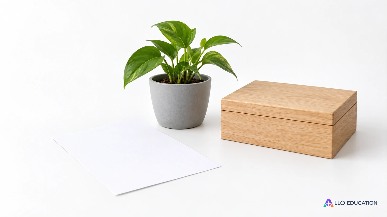 Plante verte, feuille vierge et boîte en bois fermée sans inscription.
