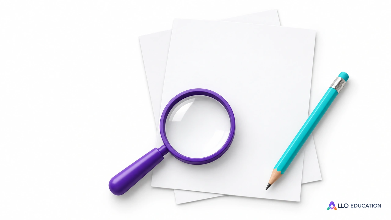 Feuilles vierges, loupe violette et crayon turquoise : supports illustrés pour une reprise en maths.