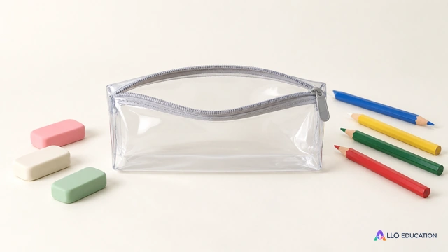 Une pochette transparente vide devant un petit assortiment de gommes et crayons unis sur fond clair.