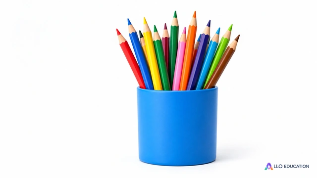 Un pot de crayons colorés unis, isolé sur fond clair, sans marque ni prix affiché.