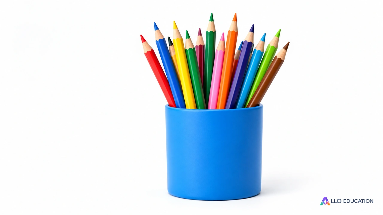 Un pot de crayons colorés unis, isolé sur fond clair, sans marque ni prix affiché.