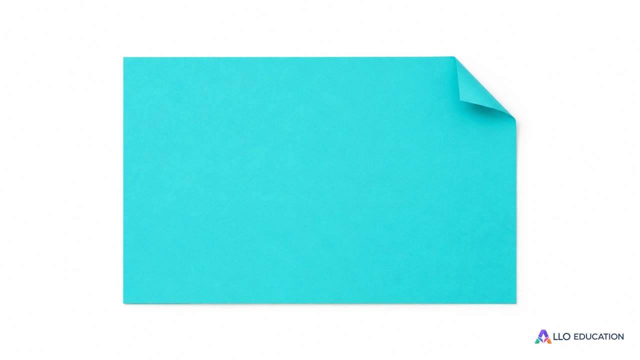 Une feuille turquoise avec un coin légèrement replié, sans mesure à lire.