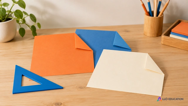 Papiers pliés et équerre unie pour un atelier de construction d’angles.