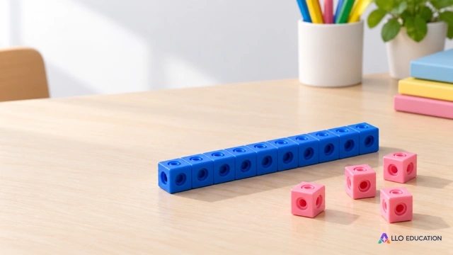 Une barre de cubes emboîtables bleus et quelques cubes roses isolés sur une table.
