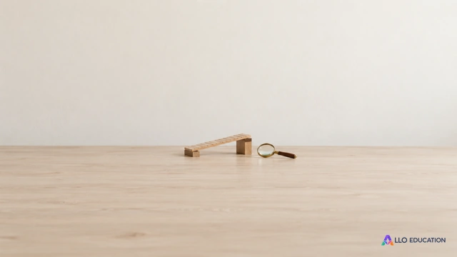 Un petit pont de bois et une loupe évoquent le passage continu et la vérification d’une hypothèse.