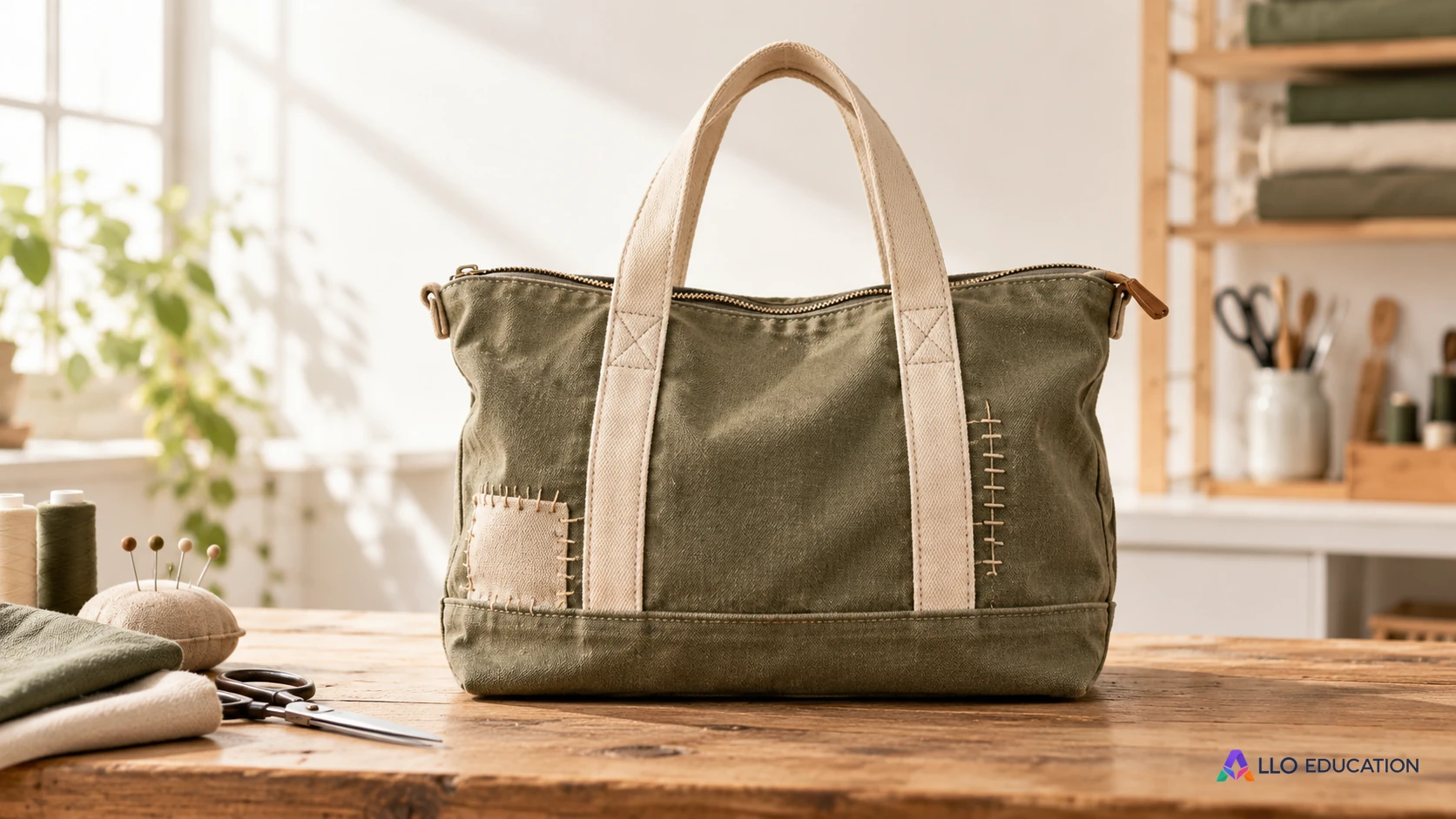 Un sac réparé sur un comptoir évoque un service et le suivi d’un client.