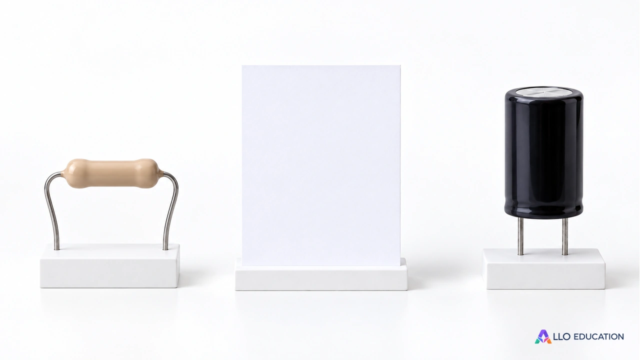 À gauche une résistance électrique simple non marquée ; au centre une feuille blanche vierge ; à droite un condensateur cylindrique non marqué