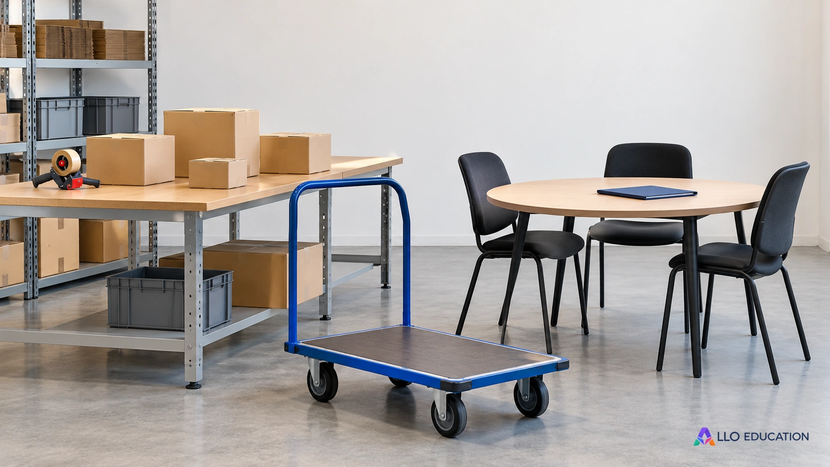 Un chariot près d’une table de discussion évoque un dialogue sur les conditions du travail.