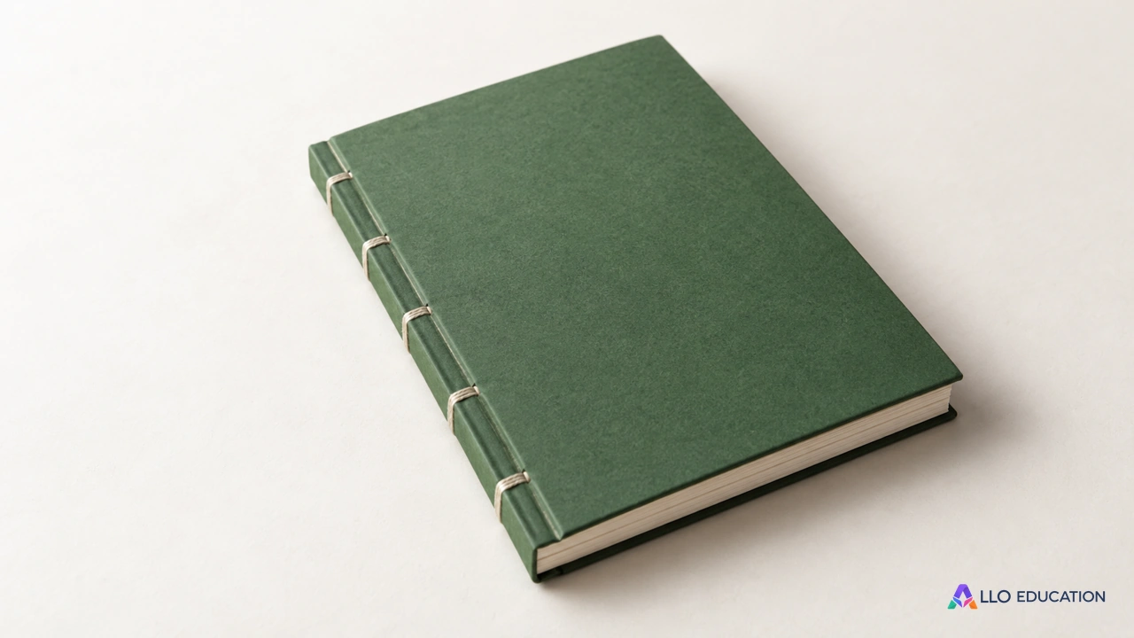 Un carnet artisanal fermé, uni, avec une tranche de papier épaisse et une reliure cousue, sur fond clair.