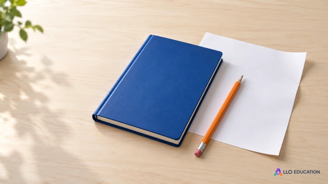 Un carnet bleu vierge, une feuille blanche pliée et un crayon orange.