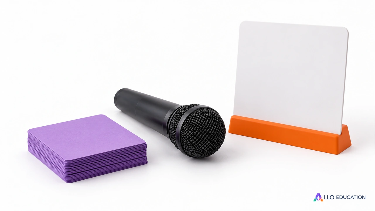 Cartes violettes vierges, microphone noir et panneau blanc : supports illustrés d’un atelier de SES.