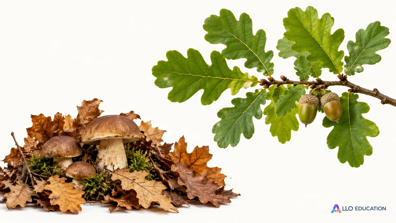 Une branche de chêne à feuilles lobées et un petit amas de feuilles mortes avec champignons, sans texte, isolés sur fond clair.
