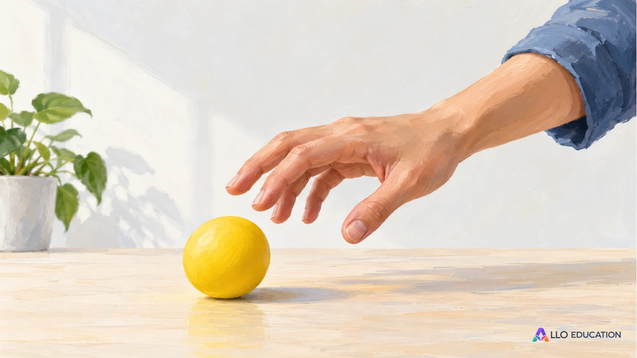 Une main ouverte s’approche d’une balle jaune posée sur une table.