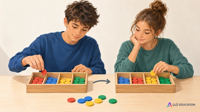 Couverture dessinée et peinte muette : deux adolescents fictifs alignent de petits jetons unis dans des compartiments de bois et comparent un rangement avant et après un.