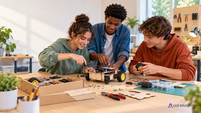 Un kit de fabrication ouvert au centre d’une table, autour duquel trois bénévoles fictifs coopèrent par des gestes visibles ; sans texte, titre ni badge.