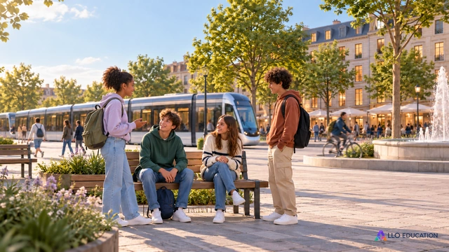 Place urbaine fictive avec conversations près de bancs, lumière de fenêtres et passage d’un tramway générique sans inscription ; composition claire autour d’une rencontre, aucu.