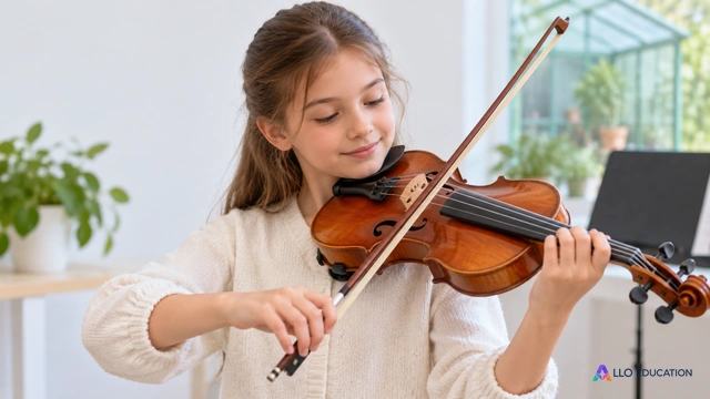 Un violon tenu par des mains de jeune musicienne, sujet central sur fond clair, serre discrète au second plan ; aucun mot, chiffre ou symbole grammatical.