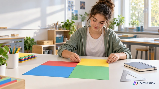 Dans un atelier scolaire lumineux, une adolescente fictive vue de trois quarts compose une forme avec de grandes pièces rectangulaires de papier coloré sur une table claire. Ses ma