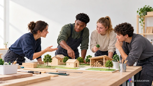 Des apprentis préparent un projet civique autour de petits bâtiments et d’un abri de bois, sans inscription.