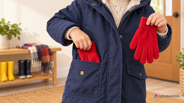 Couverture Allo Primaire muette : gros plan clair sur une petite main qui sort un gant coloré uni de la poche d’un manteau, tandis que l’autre main montre le gant retrouvé ; su.