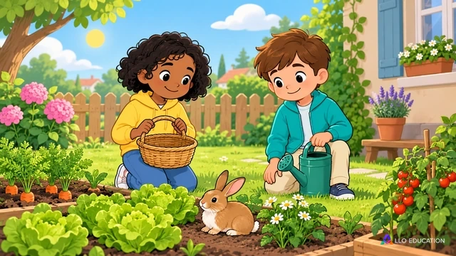 Deux enfants fictifs s’occupent d’un petit jardin, près d’un lapin et d’un panier.