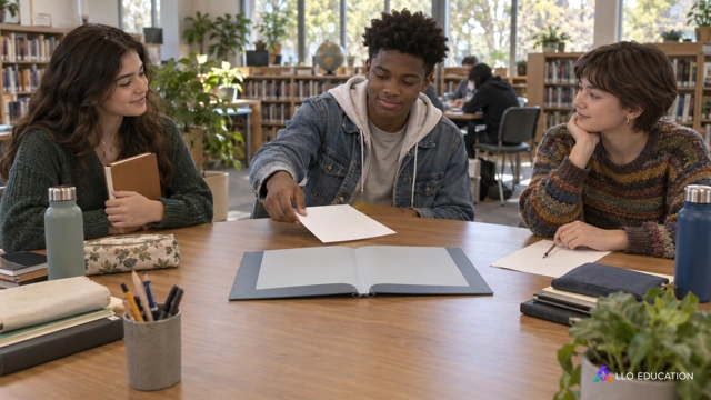 Trois lycéens fictifs coopèrent autour d’une table ronde de bibliothèque, avec leurs carnets et feuilles vierges distincts et une chemise commune ; aucune langue ou nationalité n’e