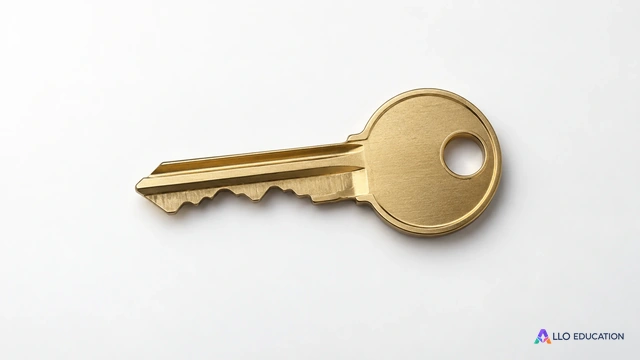 Une clé ordinaire sans inscription, isolée sur fond calme et symbolisant l’accès aux ressources, aucun autre objet.
