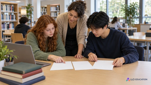 Deux lycéens fictifs et un adulte accompagnateur comparent des feuilles muettes sur une table de bibliothèque ; les graphiques et tableaux calculés sont dans le parcours.