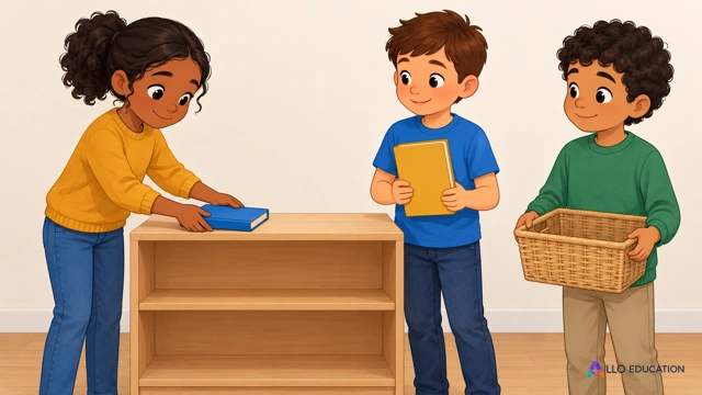 Dans une classe fictive de CM1 au mur clair sans affiche, trois élèves fictifs organisent ensemble un petit coin de lecture. Nina, fille à peau brune, cheveux noirs attachés et pul