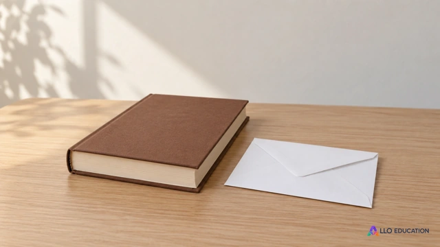 Livre fermé uni marron sans titre ni marque et enveloppe blanche sur une table claire, objets seuls, mur uni sans inscription.