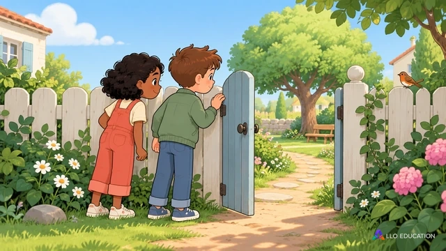 Deux enfants fictifs observent une petite porte entrouverte sur un jardin.