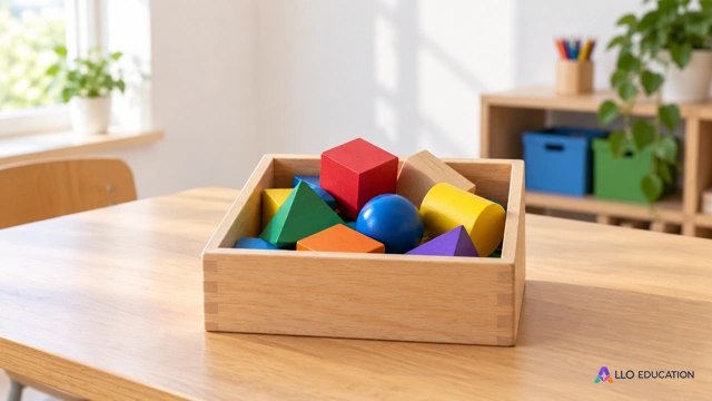 Des pièces de construction unies de couleurs variées partagent une même boîte ouverte sur une table d’atelier, sans inscription.