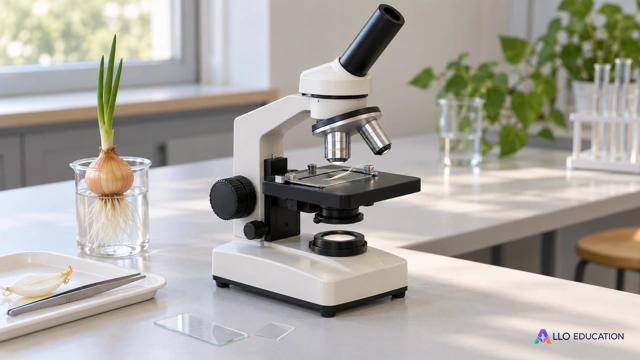 Un microscope et une préparation de racine végétale sur une paillasse claire.