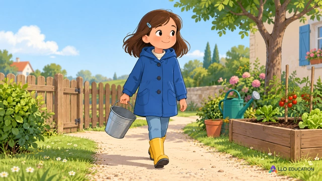 Nina, enfant fictive en manteau bleu uni, marche sur un chemin clair près d’un jardin avec un seau neutre vide incliné à la main ; une seule scène calme, corps entier au centre et 