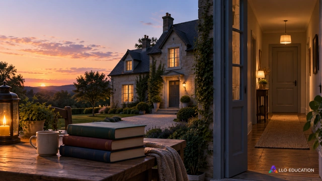 Pavillon fictif au crépuscule, couloir et porte fermée visibles, livres de récits sans texte, aucune menace ou créature gratuite.